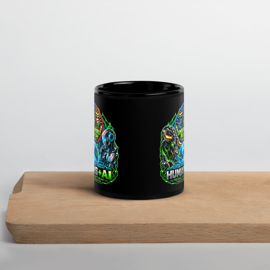 Humans + AI Mug in black, 11 oz, front view