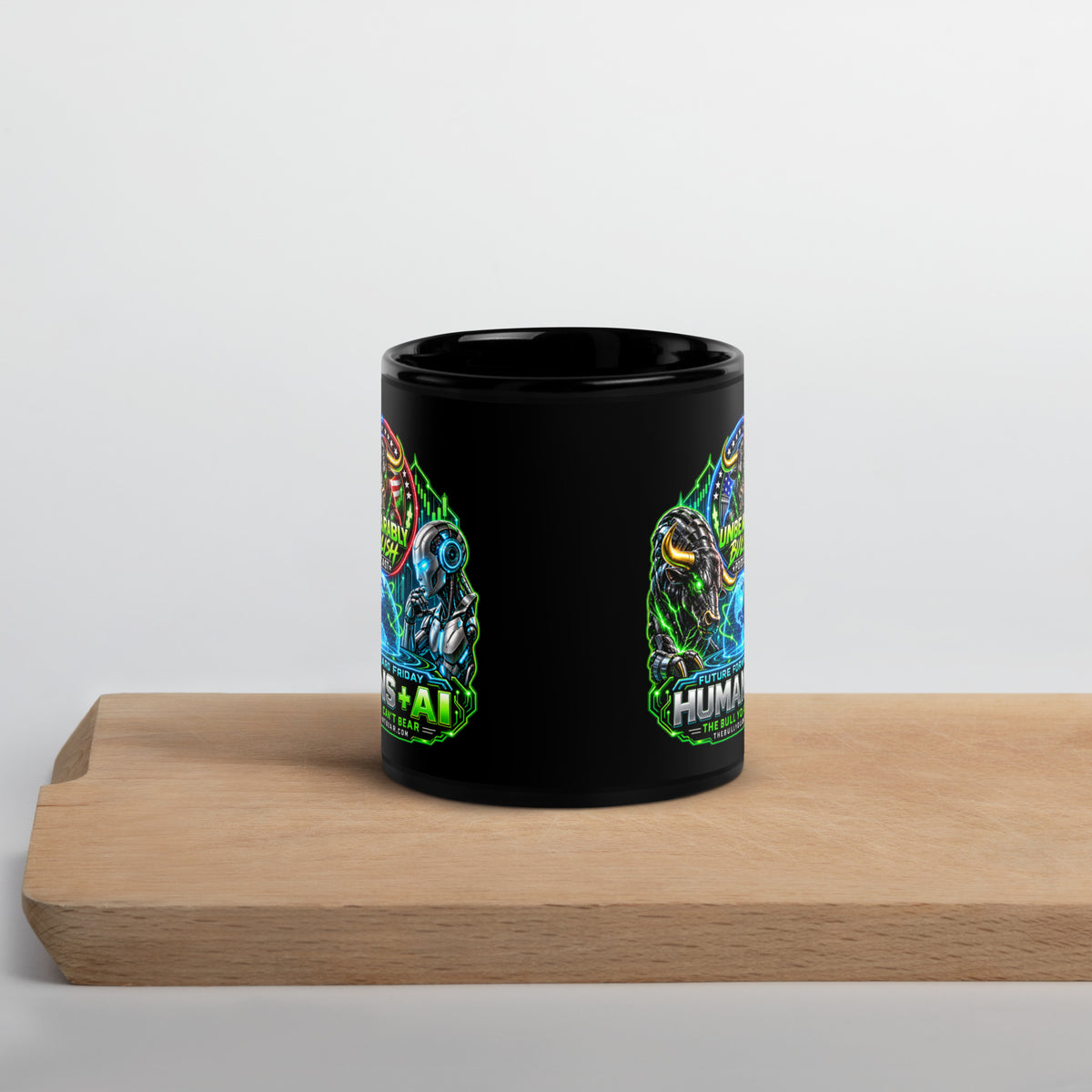 Humans + AI Mug in black, 11 oz, front view