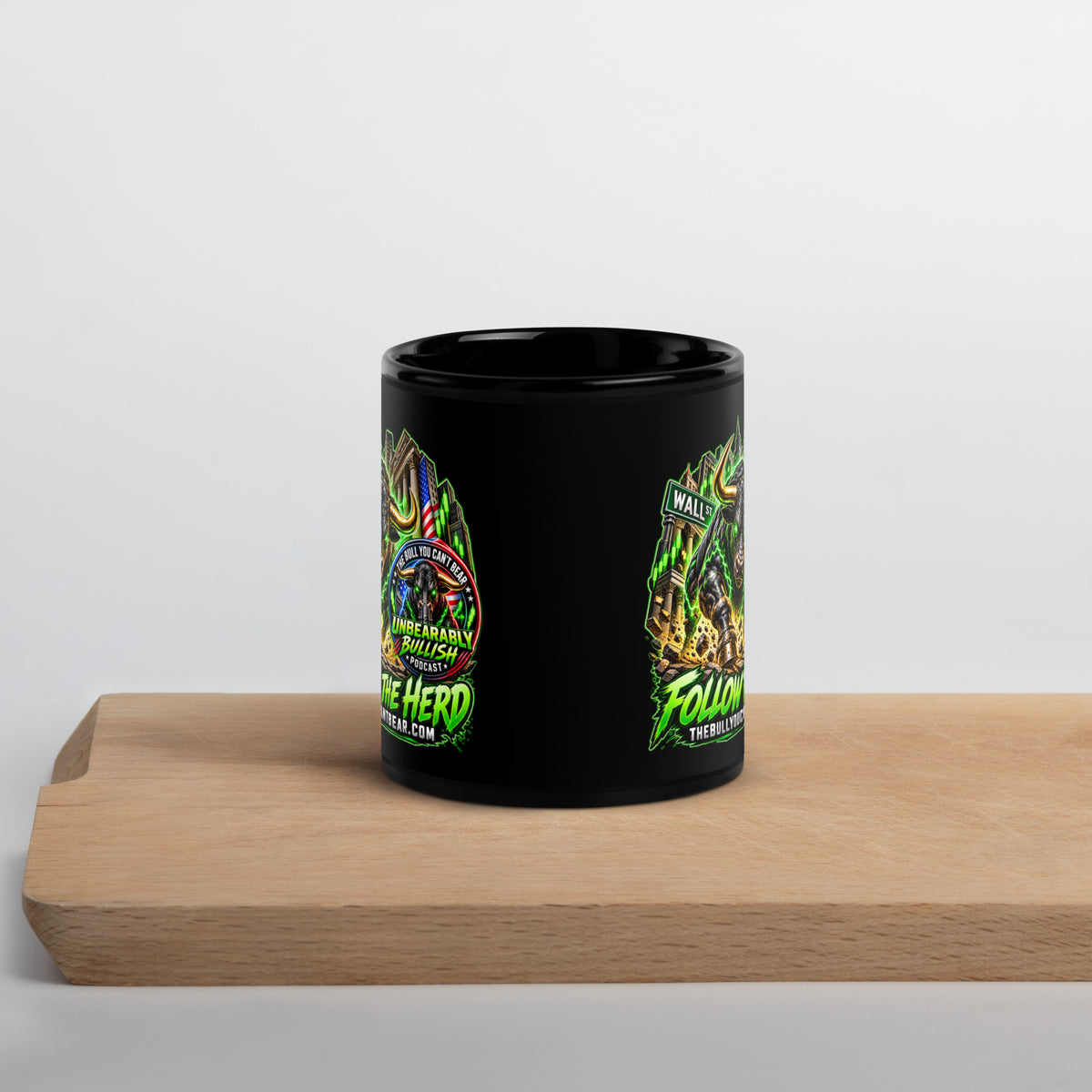 Charging Bull Follow The Herd Mug in black, 11 oz, front view