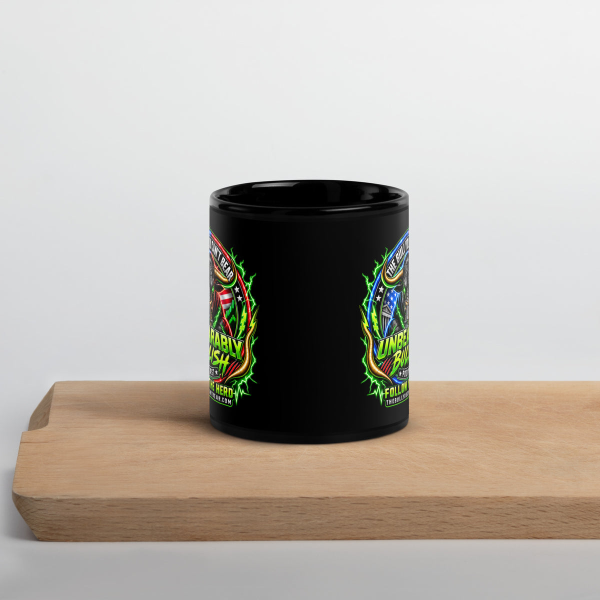 Unbearably Bullish Crest Mug in black, 11 oz, front view