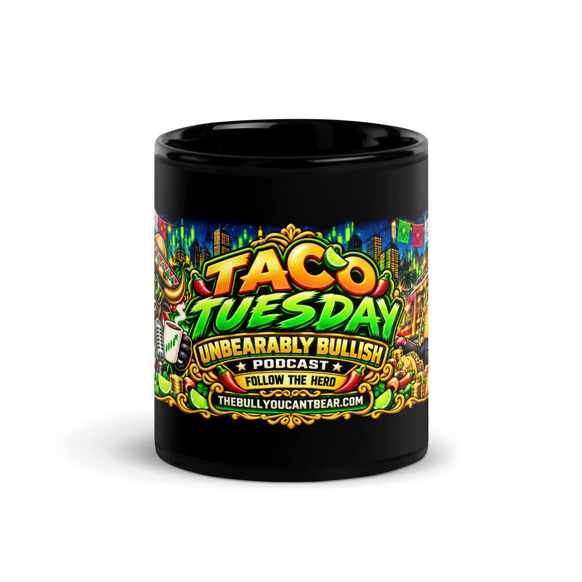 Taco Tuesday Panorama Mug in black, 11 oz, front view