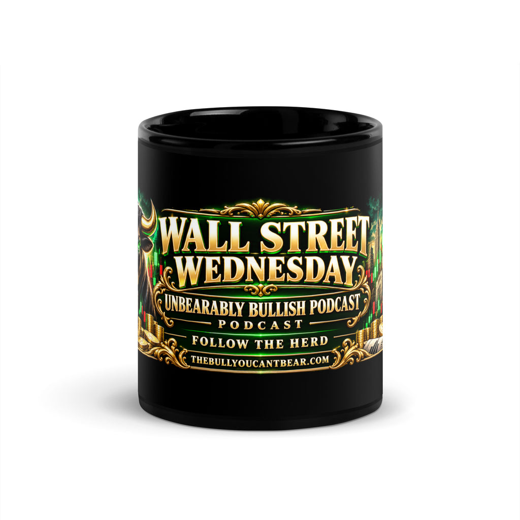 Wall Street Wednesday Panorama Mug in black, 11 oz, front view