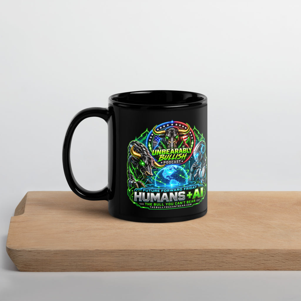 Humans + AI Mug in black, 11 oz, handle on left
