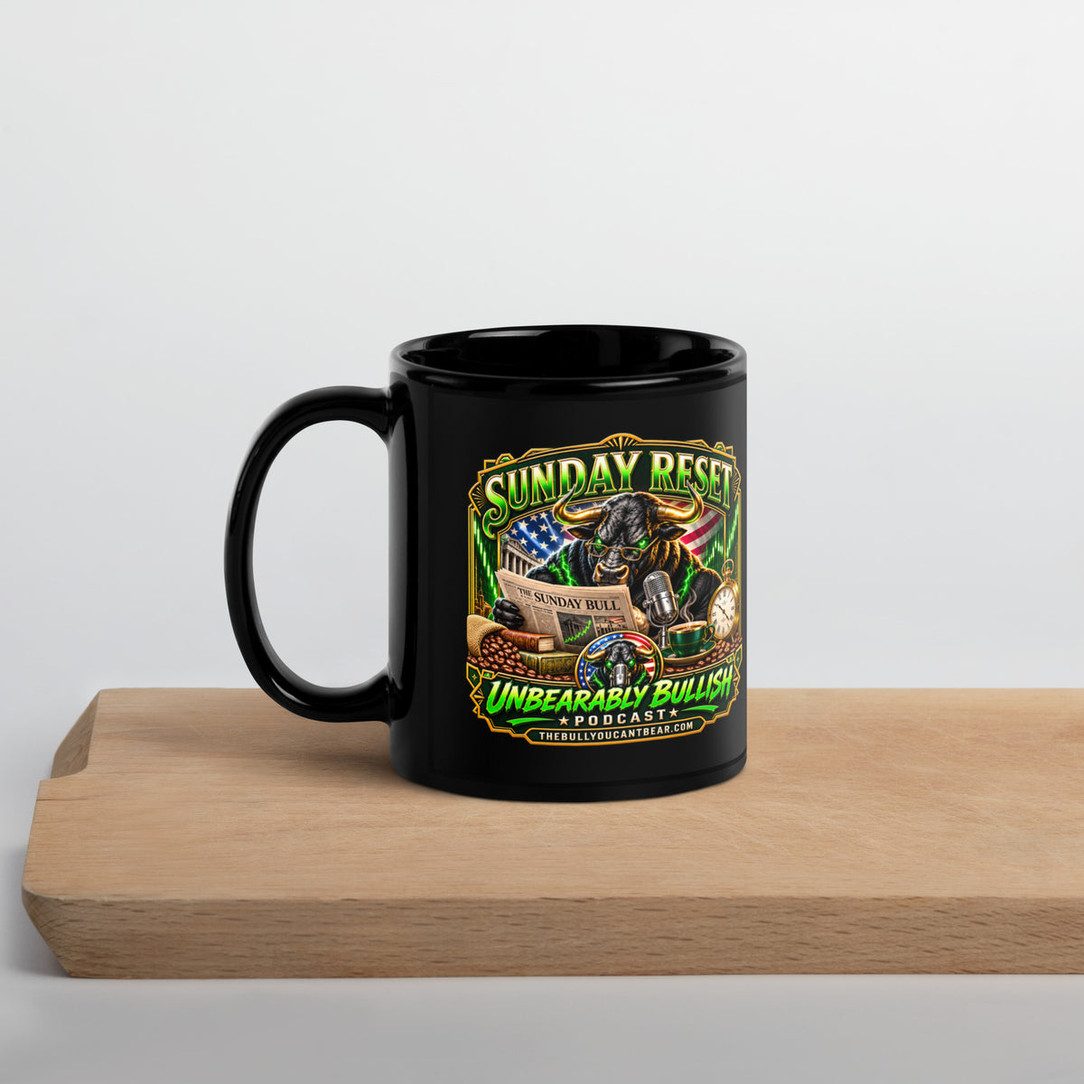 Sunday Reset Mug in black, 11 oz, handle on left