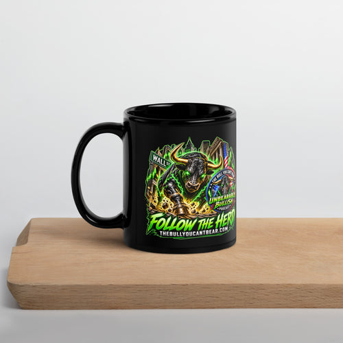 Charging Bull Follow The Herd Mug in black, 11 oz, handle on left