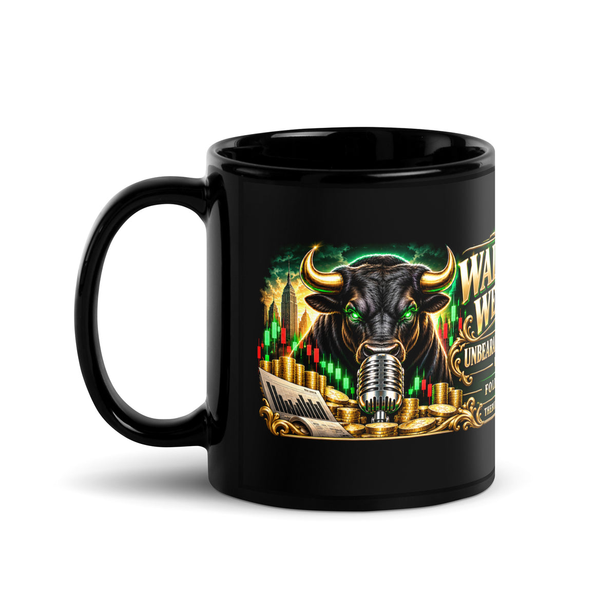 Wall Street Wednesday Panorama Mug in black, 11 oz, handle on left