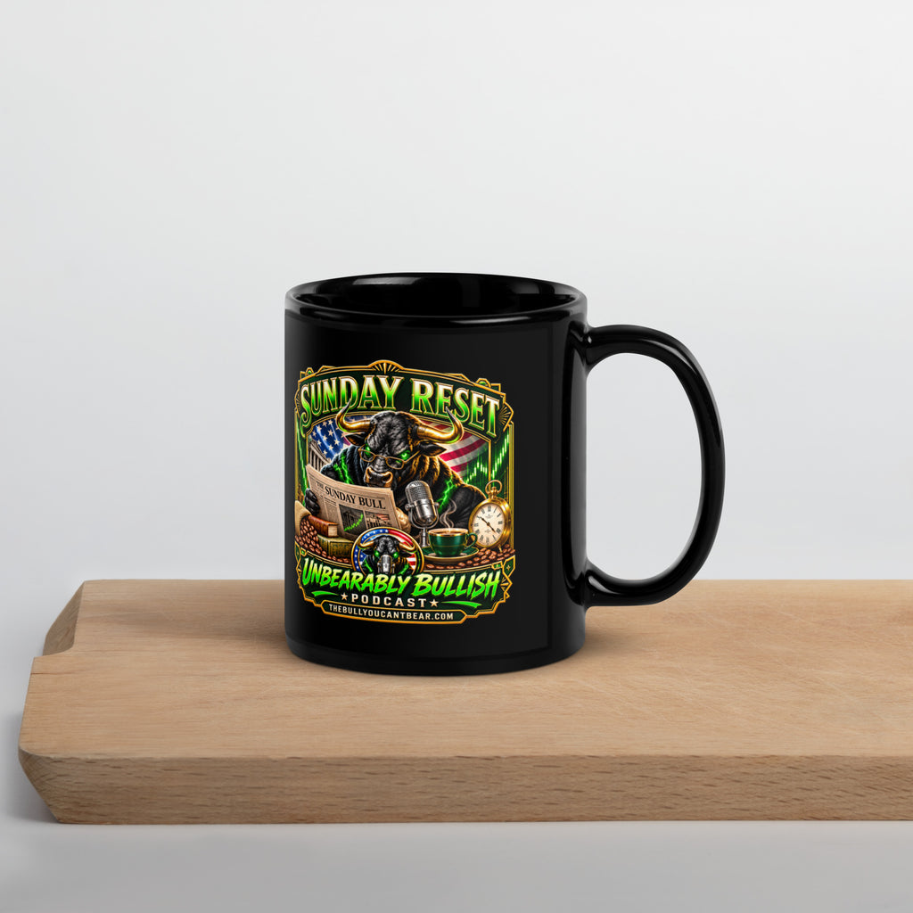Sunday Reset Mug in black, 11 oz, handle on right