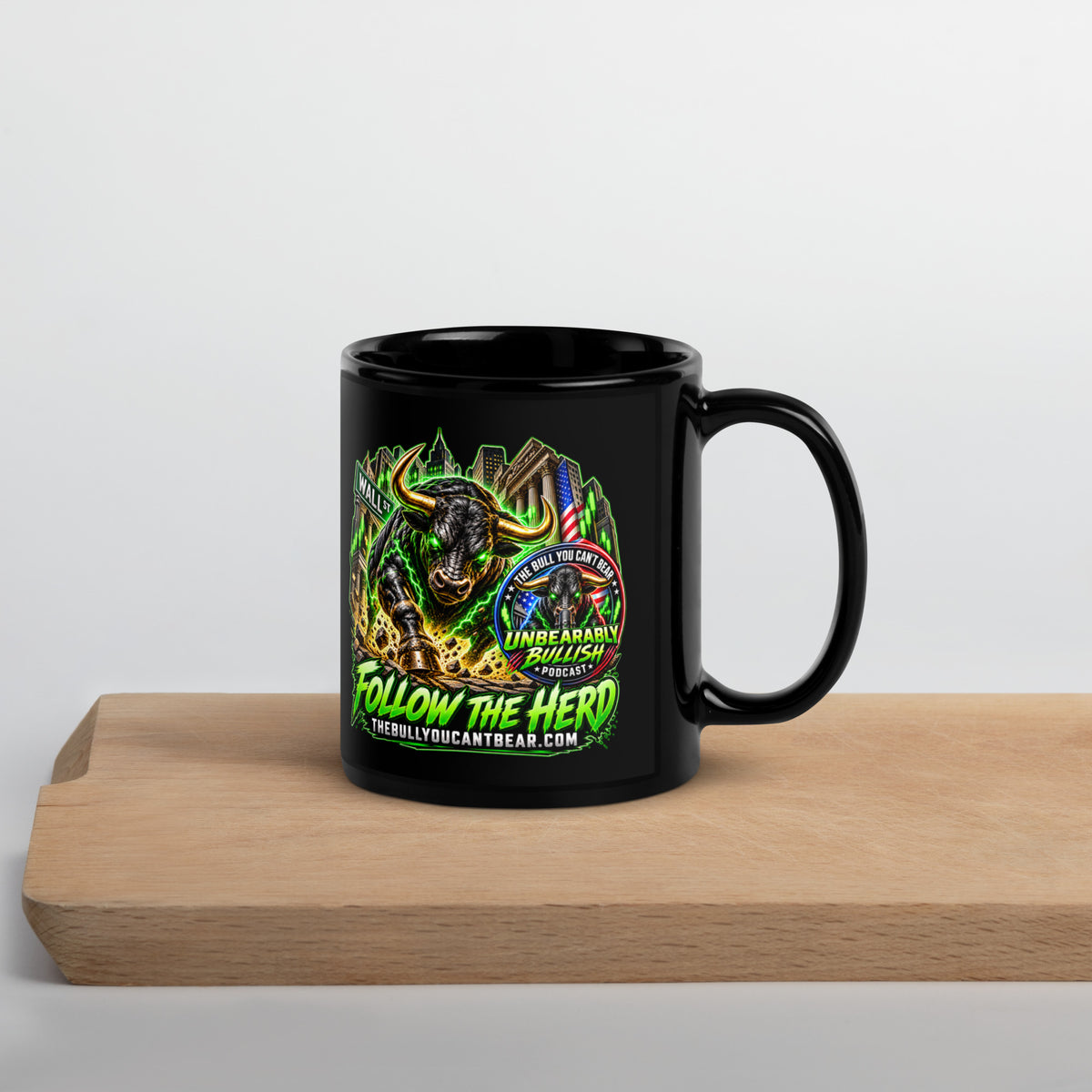 Charging Bull Follow The Herd Mug in black, 11 oz, handle on right