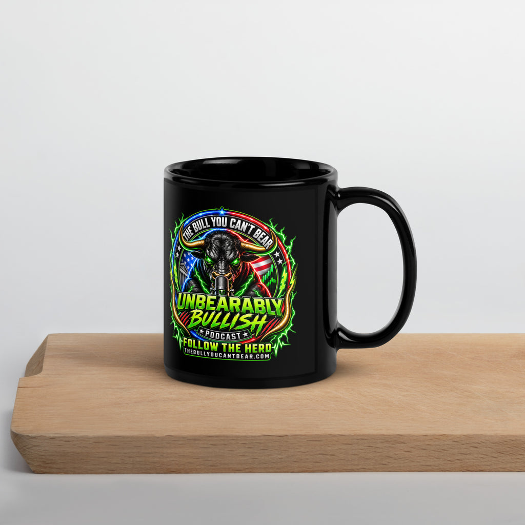 Unbearably Bullish Crest Mug in black, 11 oz, handle on right