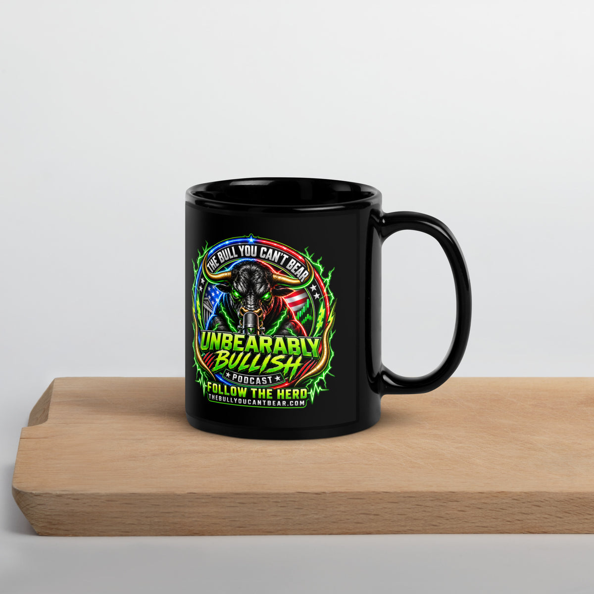 Unbearably Bullish Crest Mug in black, 11 oz, handle on right