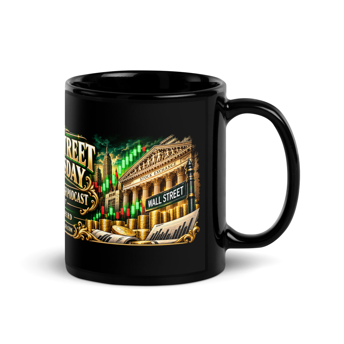 Wall Street Wednesday Panorama Mug in black, 11 oz, handle on right