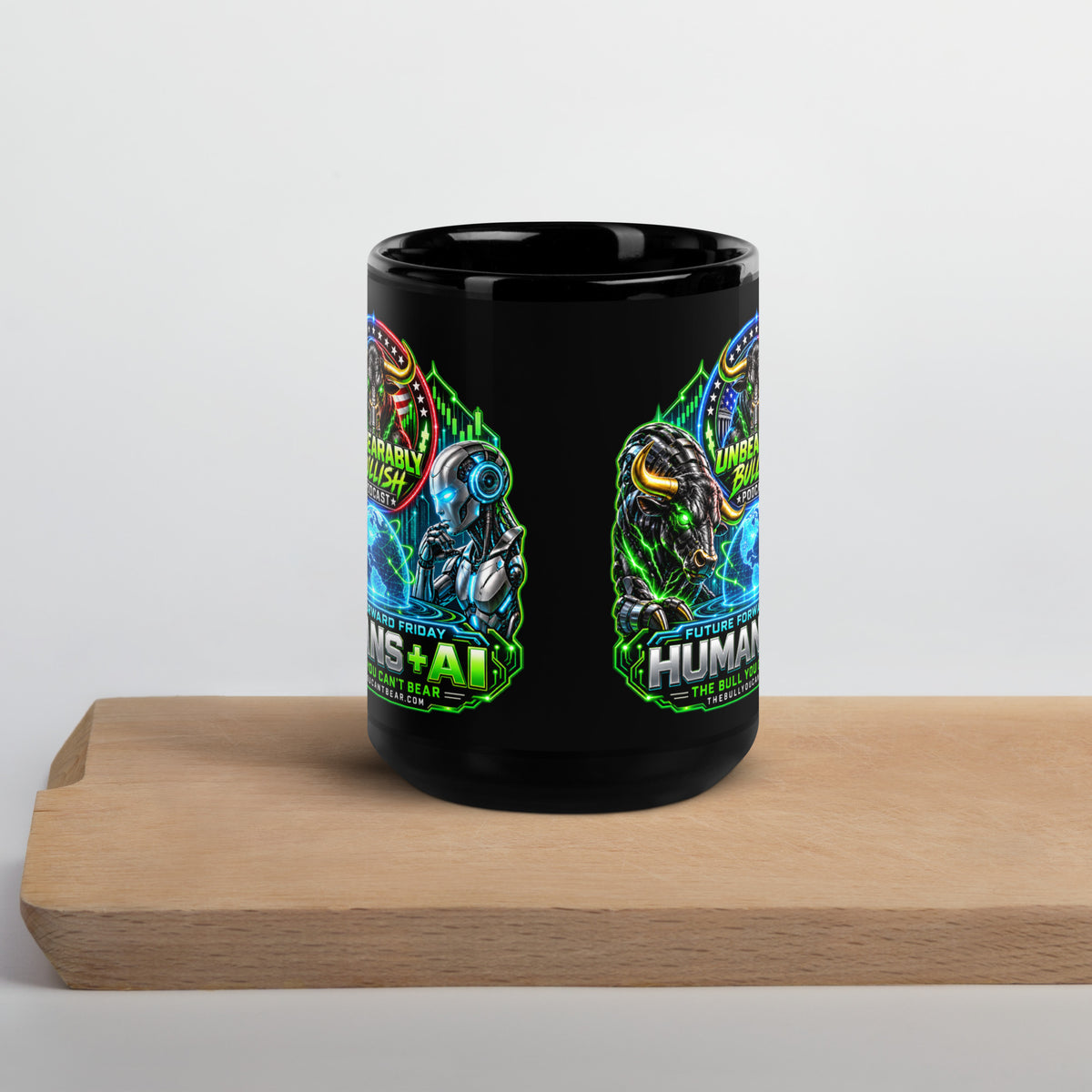 Humans + AI Mug in black, 15 oz, front view