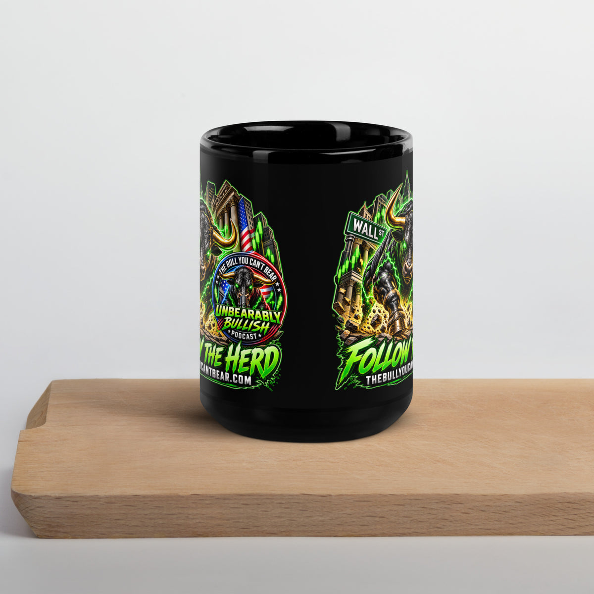 Charging Bull Follow The Herd Mug in black, 15 oz, front view