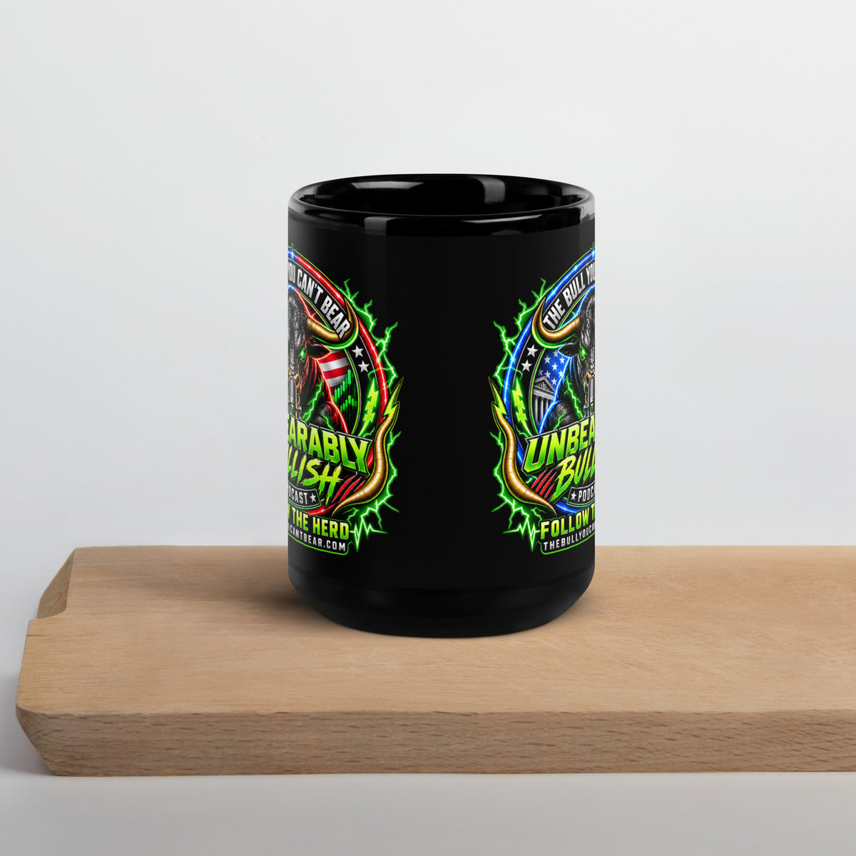 Unbearably Bullish Crest Mug in black, 15 oz, front view