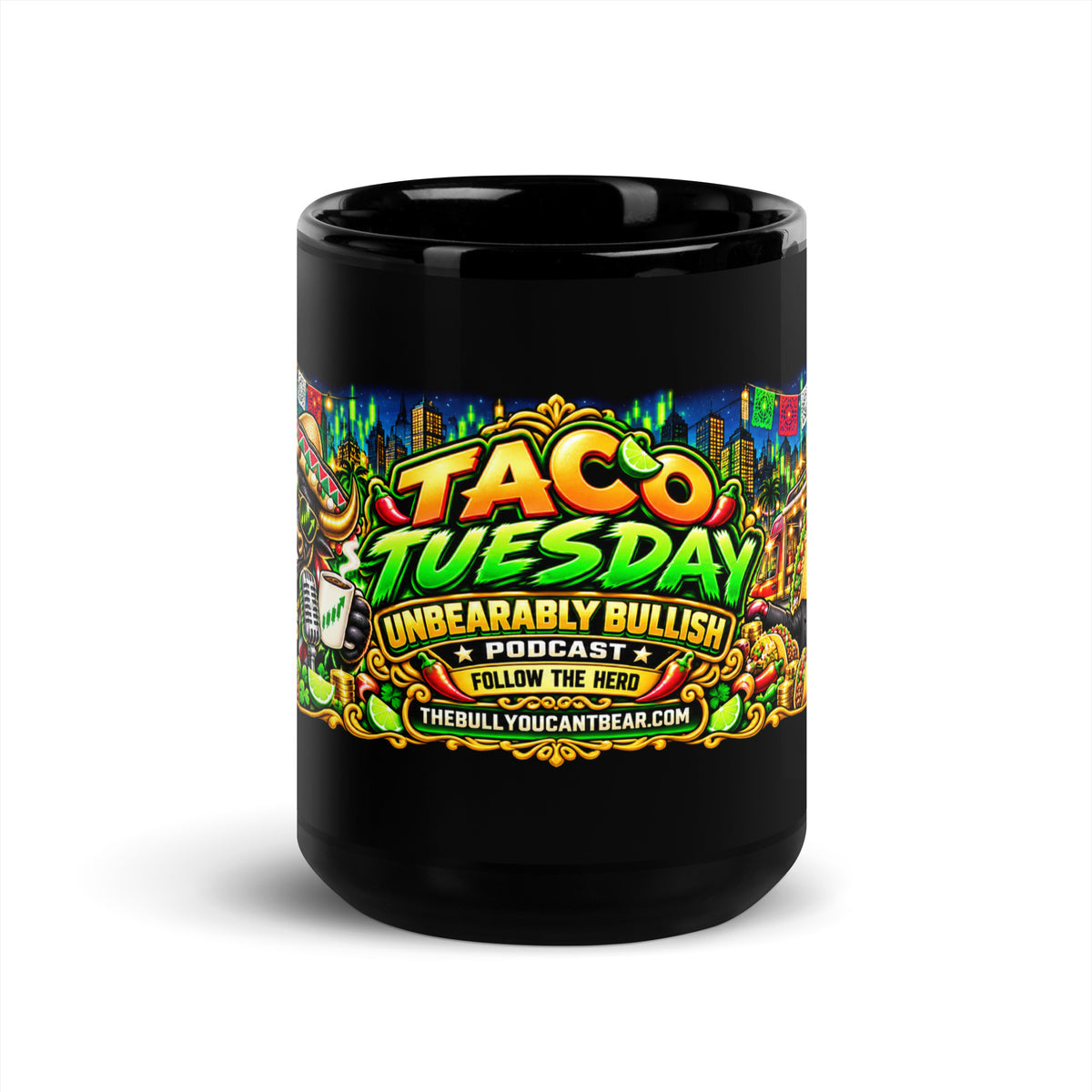 Taco Tuesday Panorama Mug in black, 15 oz, front view