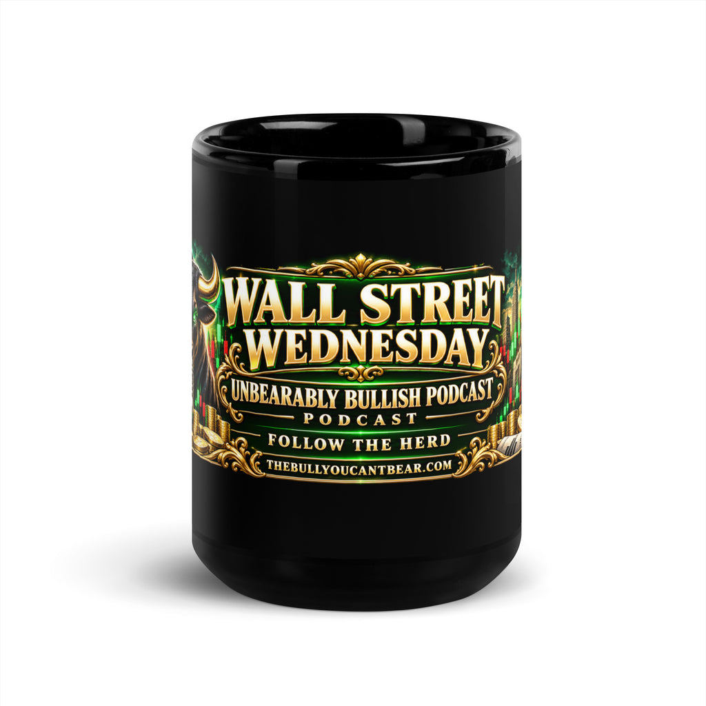 Wall Street Wednesday Panorama Mug in black, 15 oz, front view