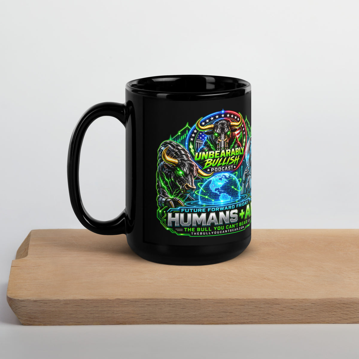 Humans + AI Mug in black, 15 oz, handle on left