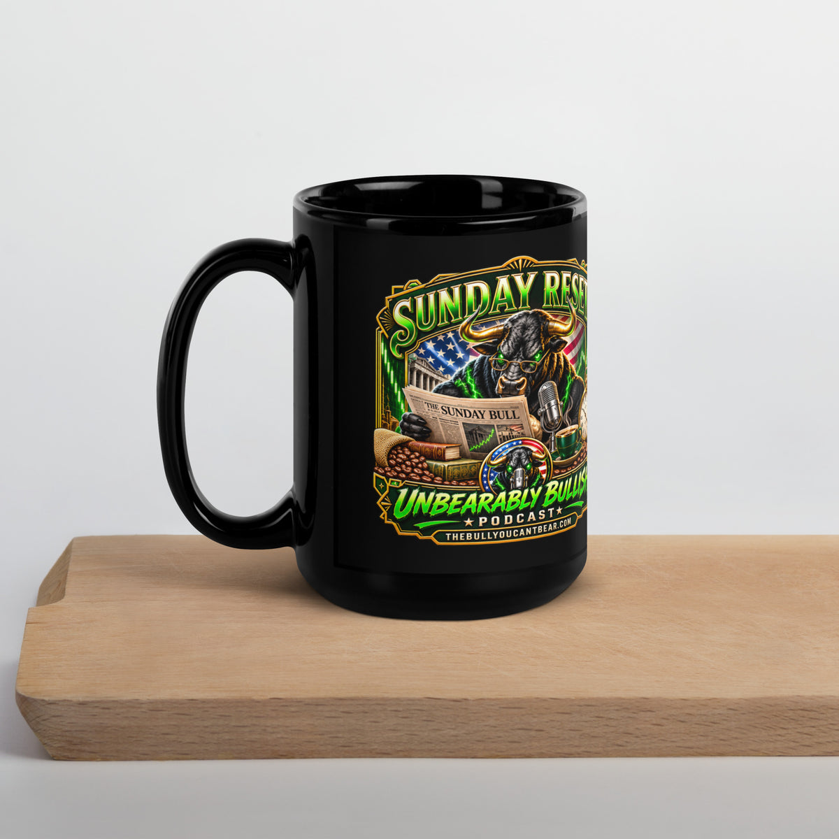 Sunday Reset Mug in black, 15 oz, handle on left