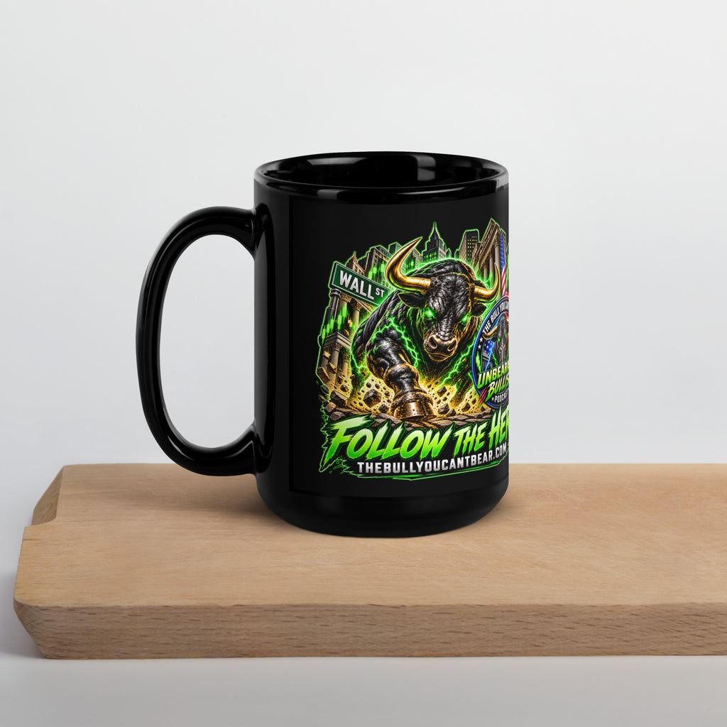 Charging Bull Follow The Herd Mug in black, 15 oz, handle on left
