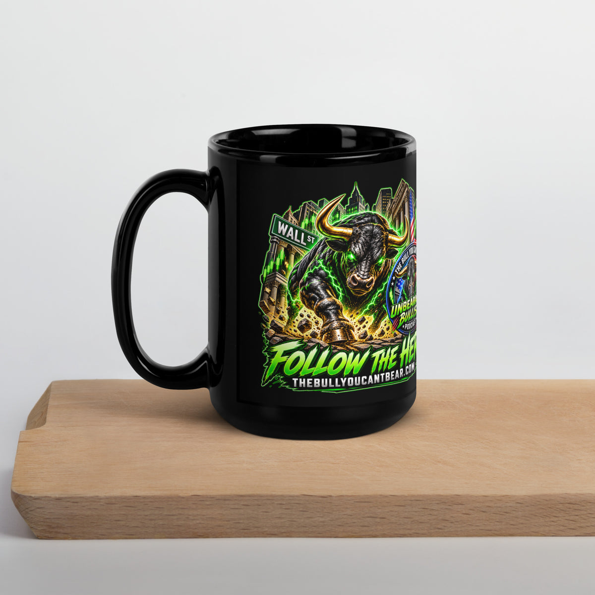 Charging Bull Follow The Herd Mug in black, 15 oz, handle on left