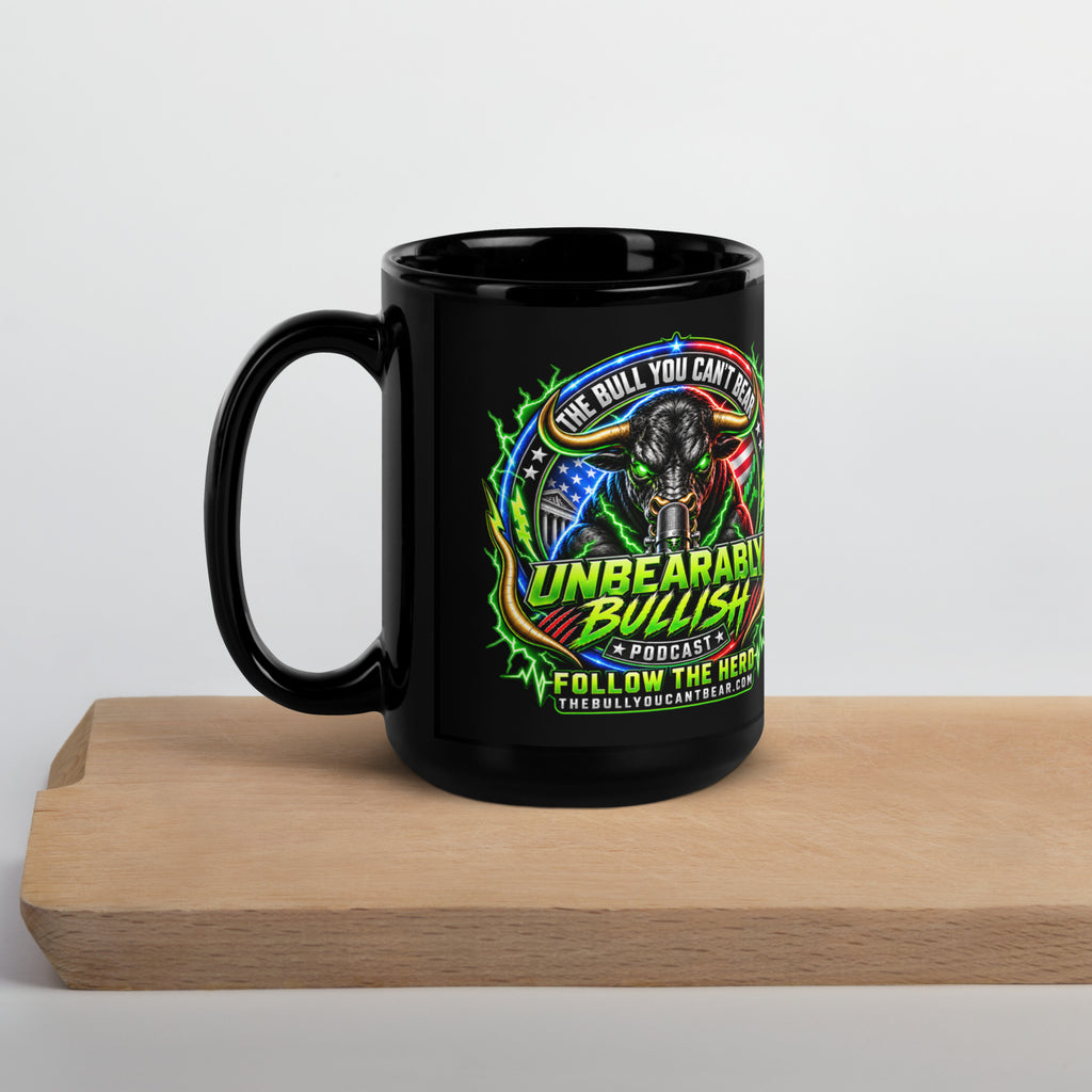 Unbearably Bullish Crest Mug in black, 15 oz, handle on left