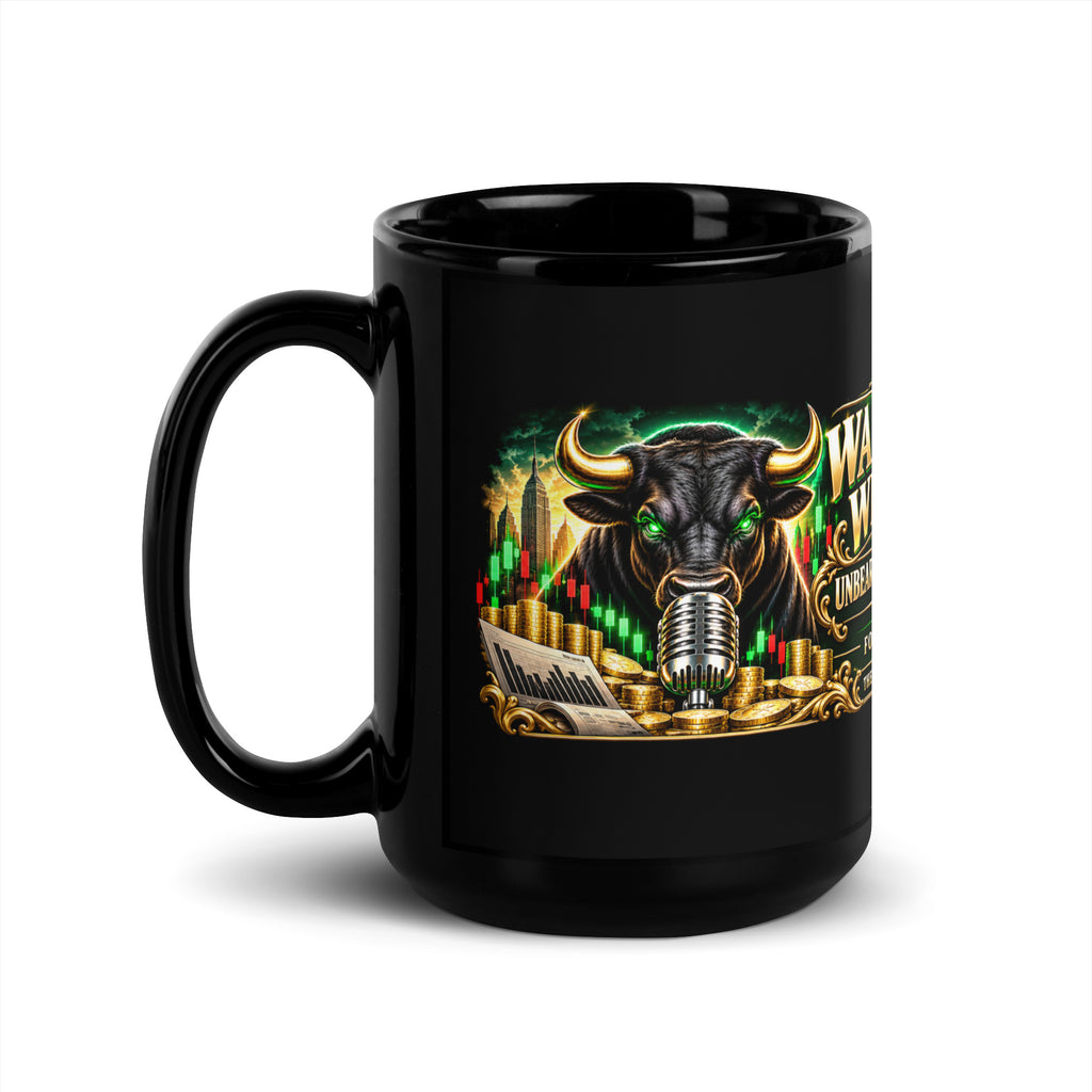 Wall Street Wednesday Panorama Mug in black, 15 oz, handle on left
