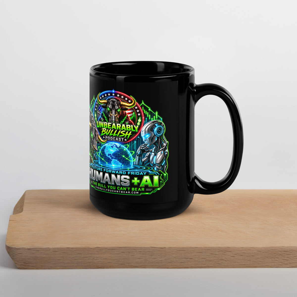 Humans + AI Mug in black, 15 oz, handle on right