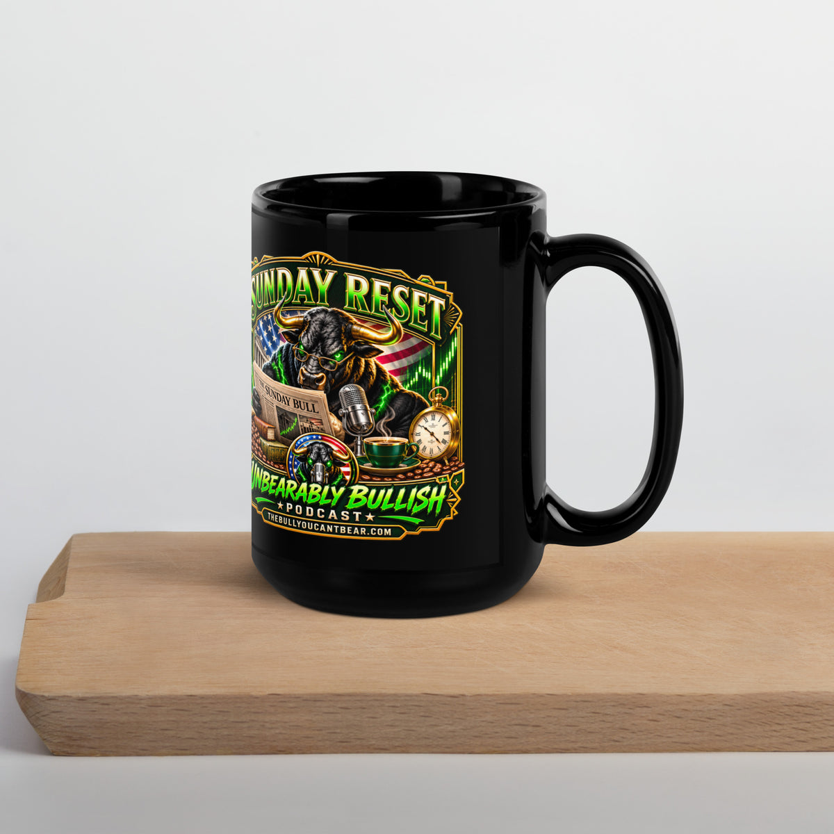 Sunday Reset Mug in black, 15 oz, handle on right