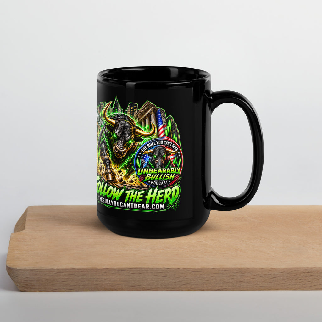 Charging Bull Follow The Herd Mug in black, 15 oz, handle on right