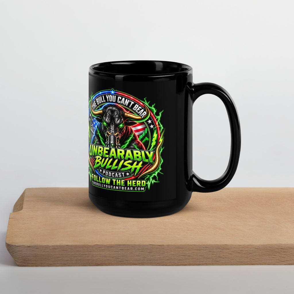 Unbearably Bullish Crest Mug in black, 15 oz, handle on right