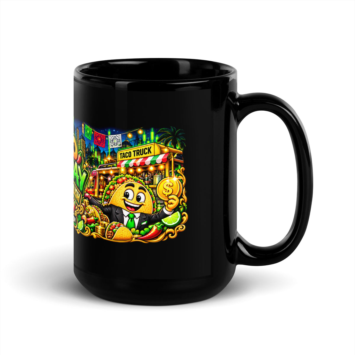 Taco Tuesday Panorama Mug in black, 15 oz, handle on right
