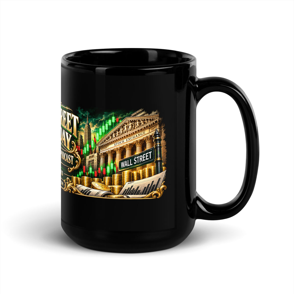 Wall Street Wednesday Panorama Mug in black, 15 oz, handle on right