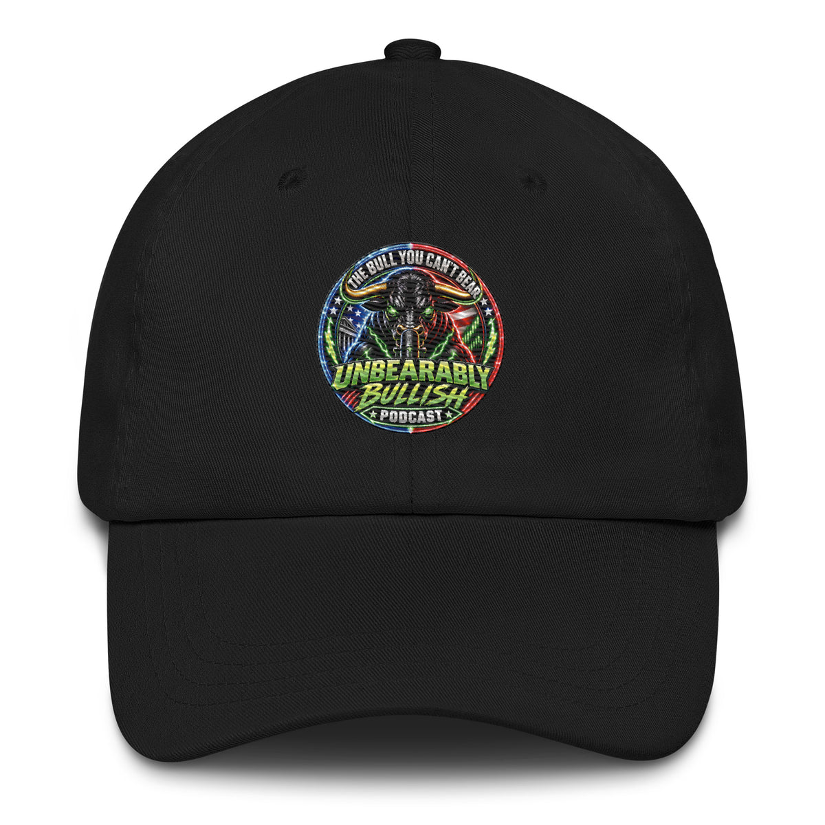 Unbearably Bullish Dad Hat in Black, front view of embroidered logo