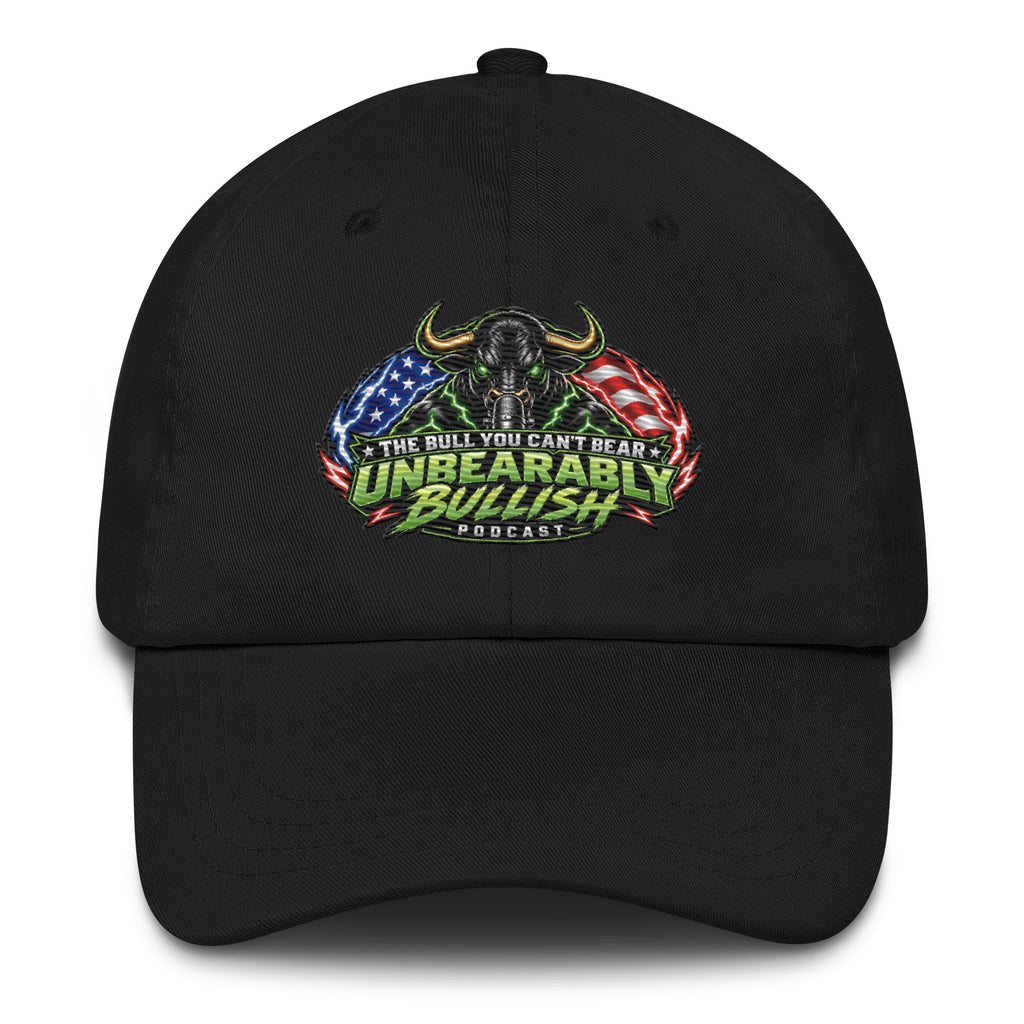 Unbearably Bullish Badge Dad Hat in Black, front view of embroidered badge