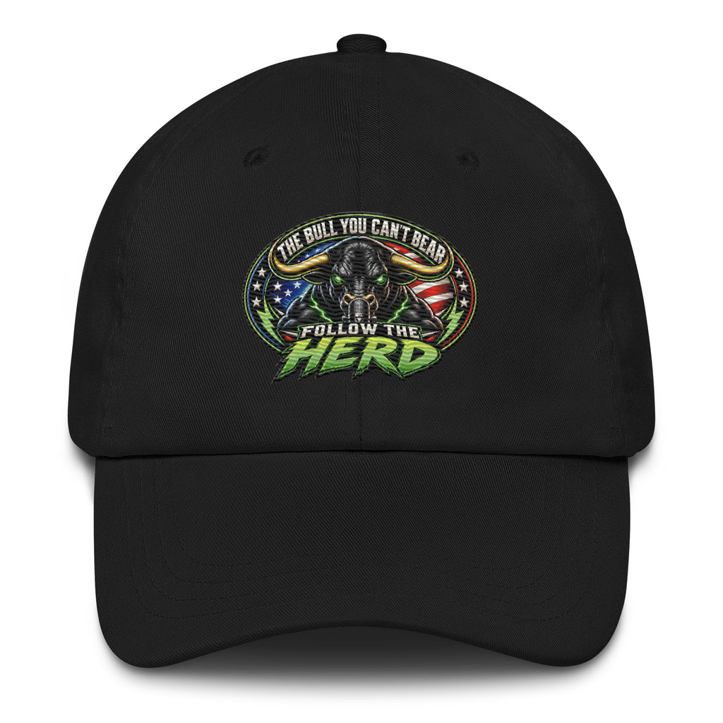 Follow The Herd Dad Hat in Black, front view of embroidered logo
