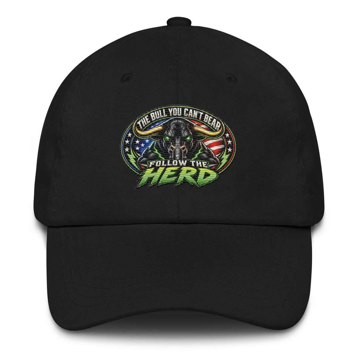 Follow The Herd Dad Hat in Black, front view of embroidered logo