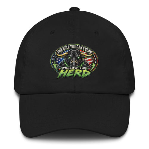 Follow The Herd Dad Hat in Black, front view of embroidered logo