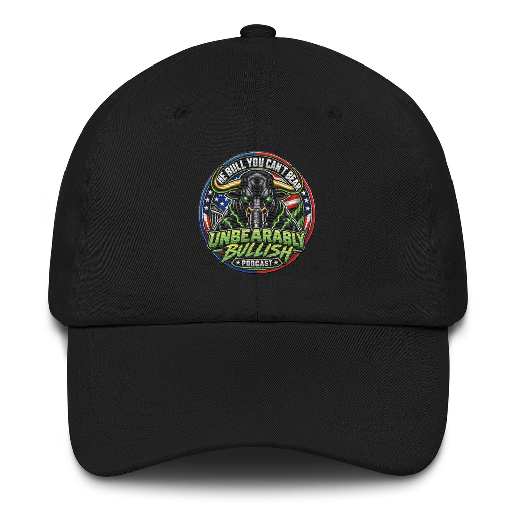 The Bull You Can't Bear Dad Hat in Black, front view of embroidered logo