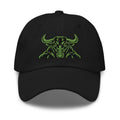 Unbearably Bullish Bull Dad Hat with green stitching in Black, front view
