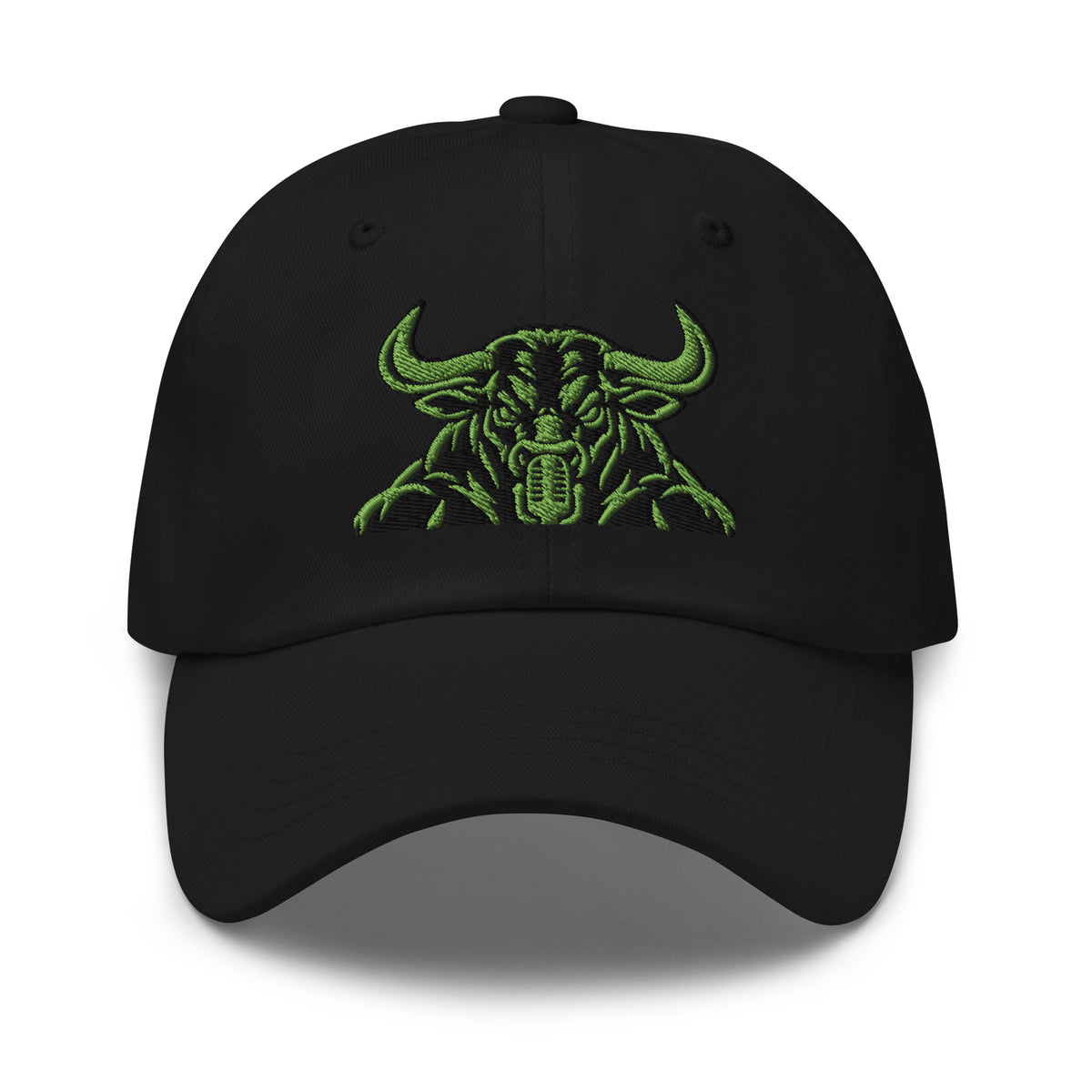 Unbearably Bullish Bull Dad Hat with green stitching in Black, front view