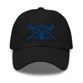 Unbearably Bullish Bull Dad Hat with blue stitching in Black, front view