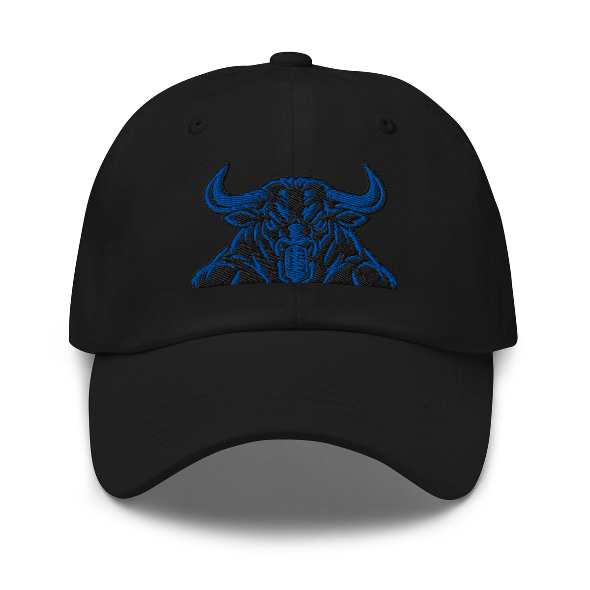 Unbearably Bullish Bull Dad Hat with blue stitching in Black, front view