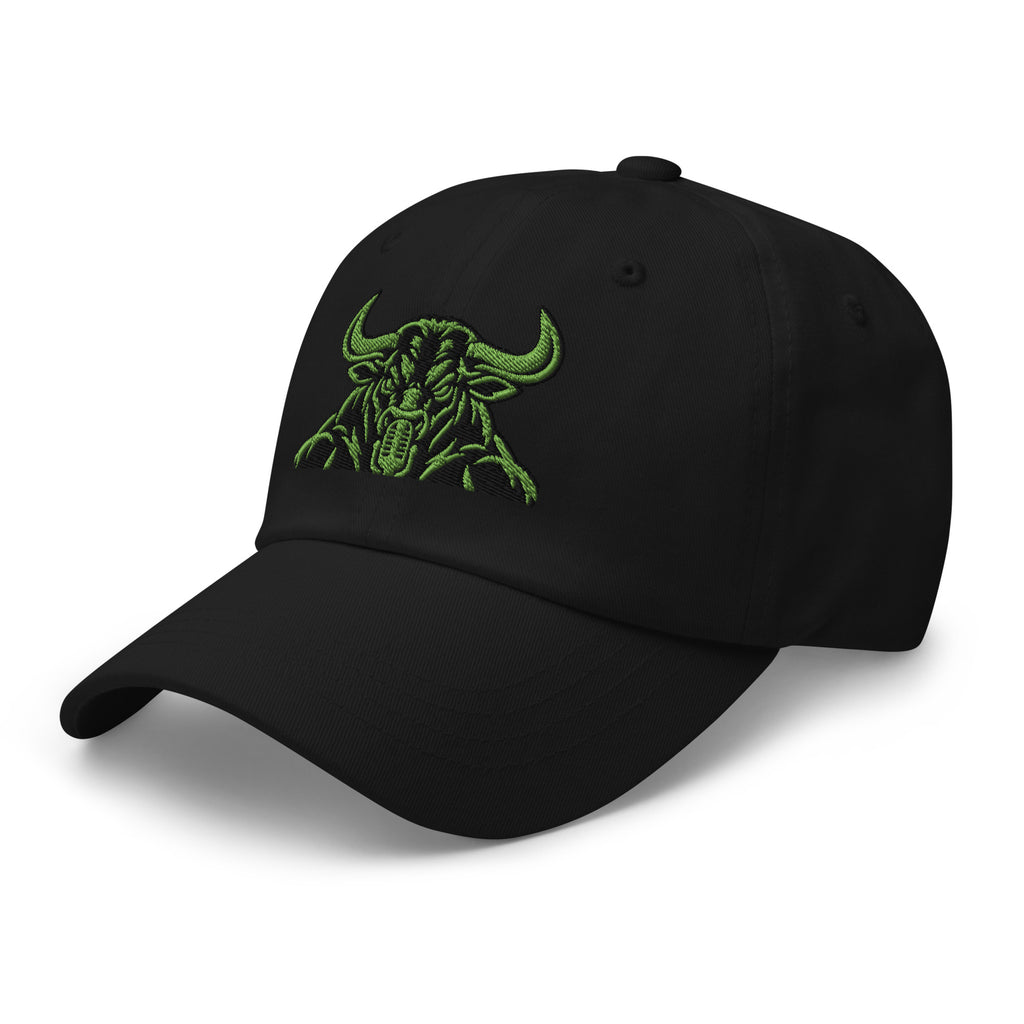 Unbearably Bullish Bull Dad Hat with green stitching in Black, left front angle