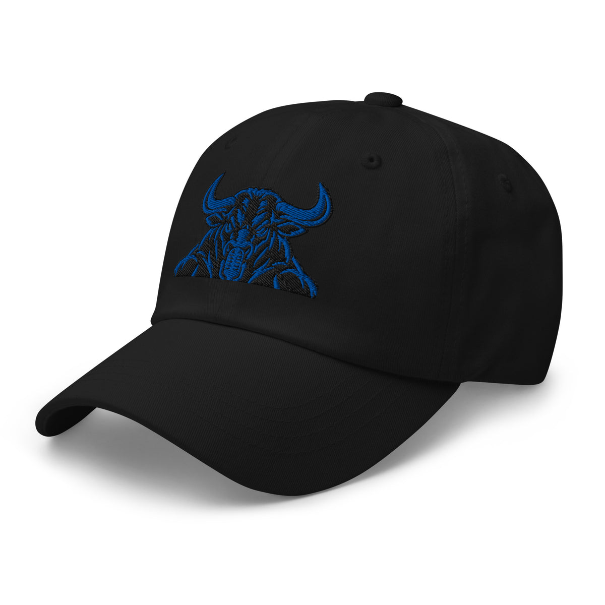 Unbearably Bullish Bull Dad Hat with blue stitching in Black, left front angle