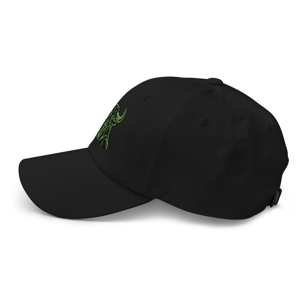 Unbearably Bullish Bull Dad Hat with green stitching in Black, left side