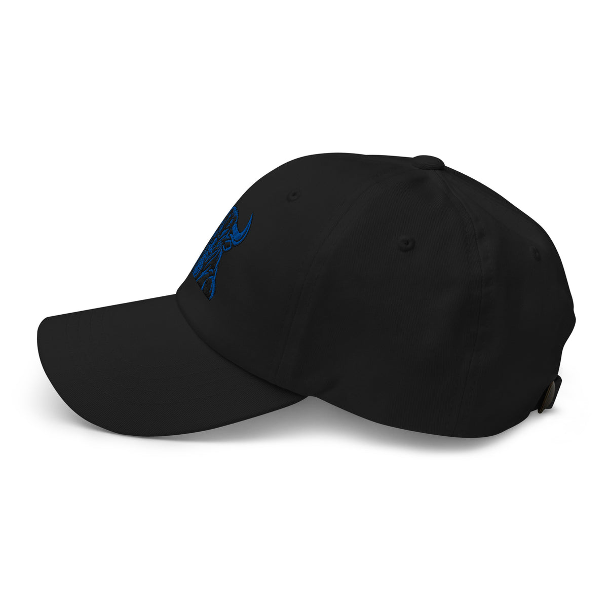 Unbearably Bullish Bull Dad Hat with blue stitching in Black, left side