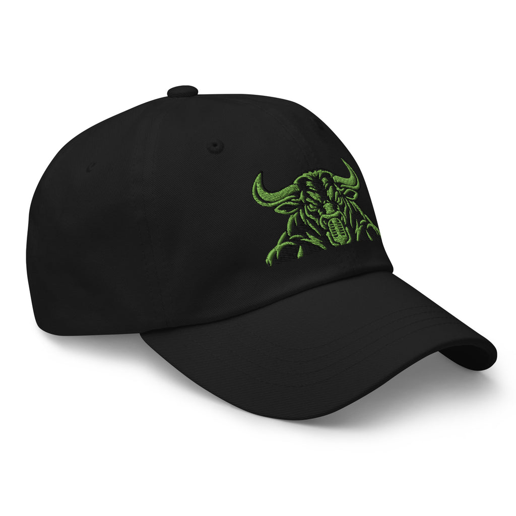 Unbearably Bullish Bull Dad Hat with green stitching in Black, right front angle