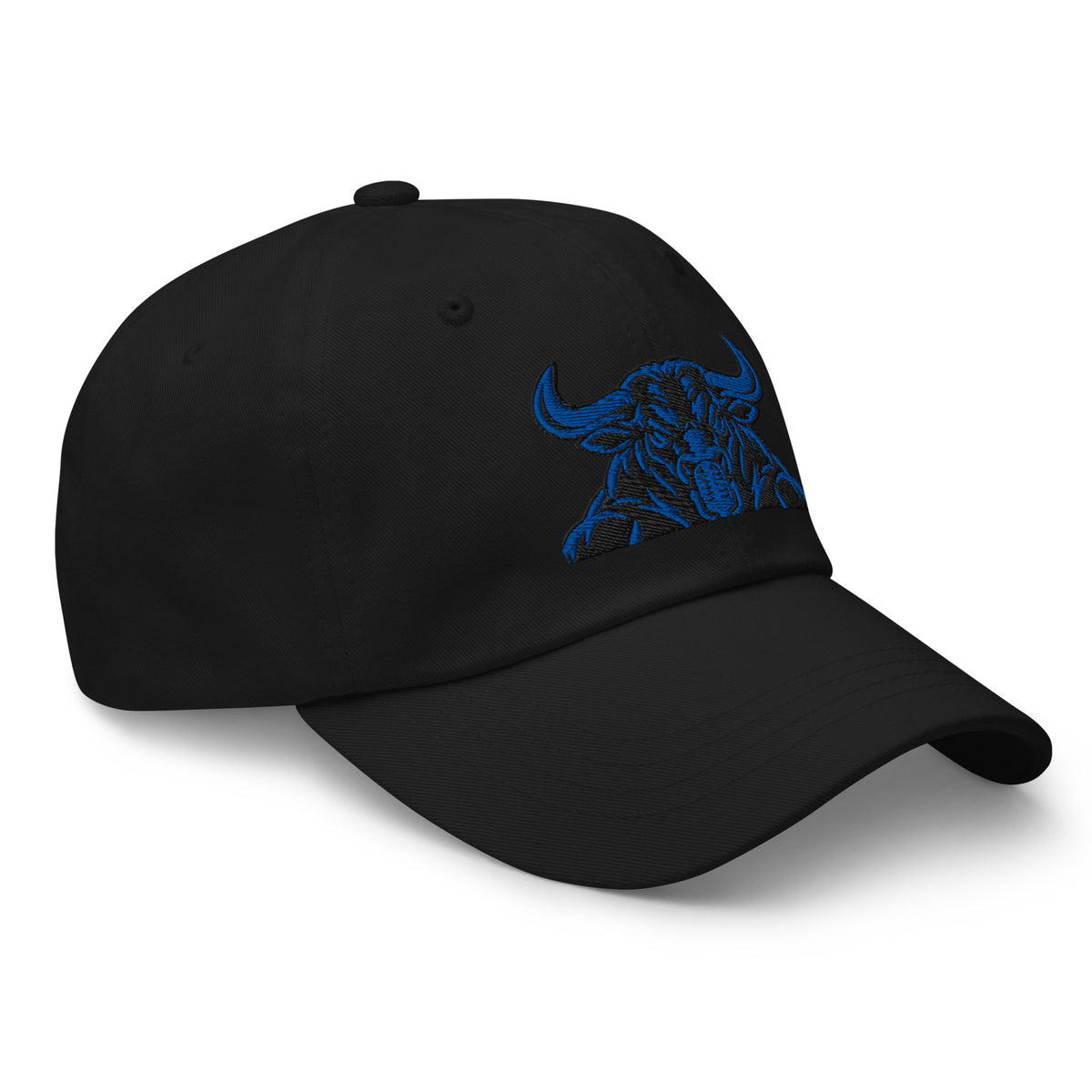 Unbearably Bullish Bull Dad Hat with blue stitching in Black, right front angle