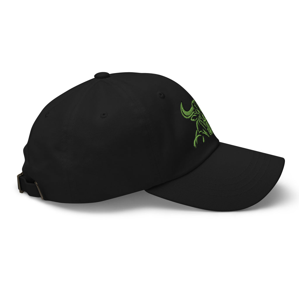 Unbearably Bullish Bull Dad Hat with green stitching in Black, right side