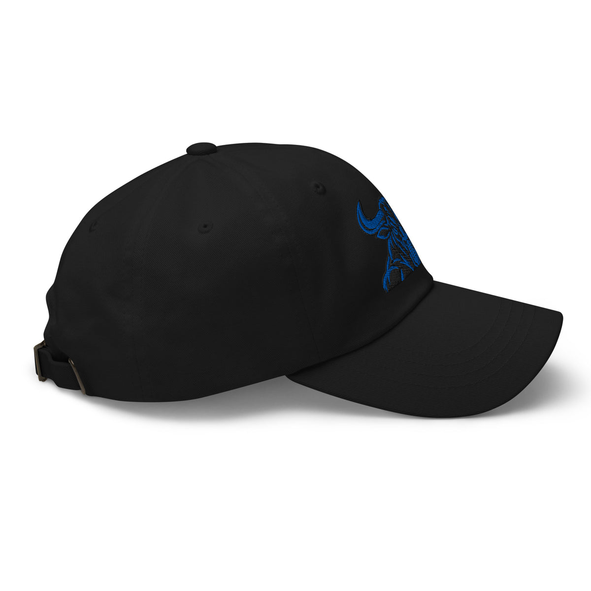 Unbearably Bullish Bull Dad Hat with blue stitching in Black, right side